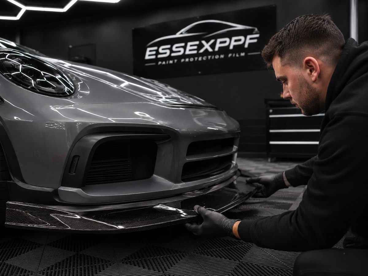 Carbon splitter being offered up to a grey Porsche 911