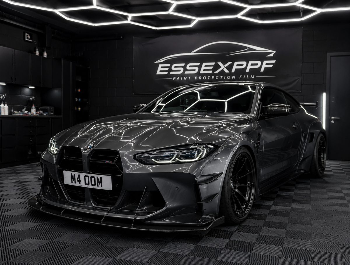 Widebody BMW M4 with aftermarket kit in the Essex PPF studio