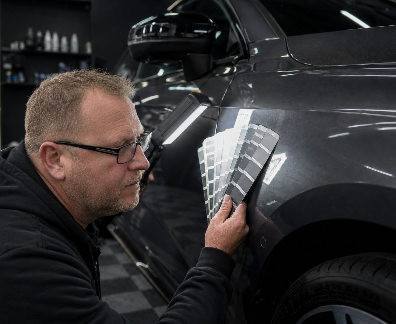 Technician holding a fan of colour swatches against a grey wing