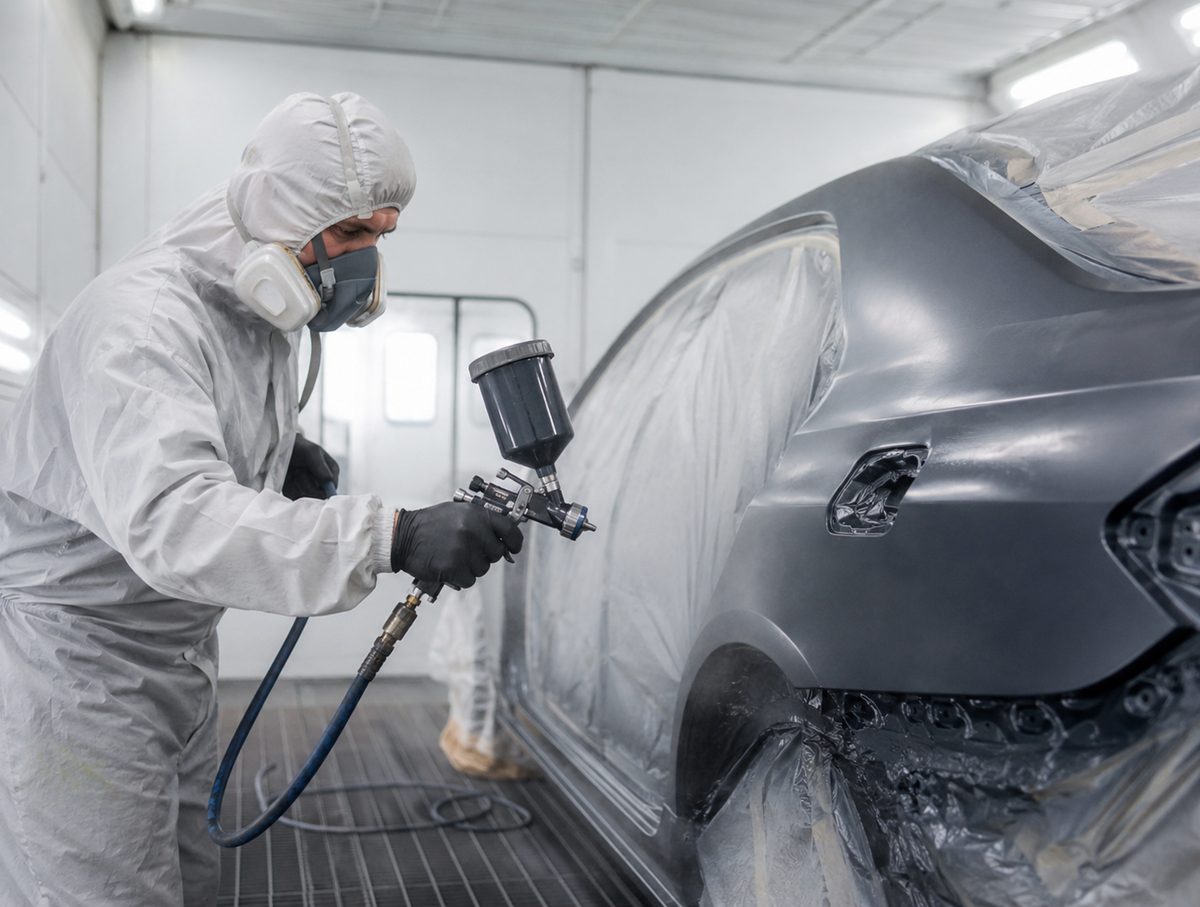Car being resprayed in the paint booth