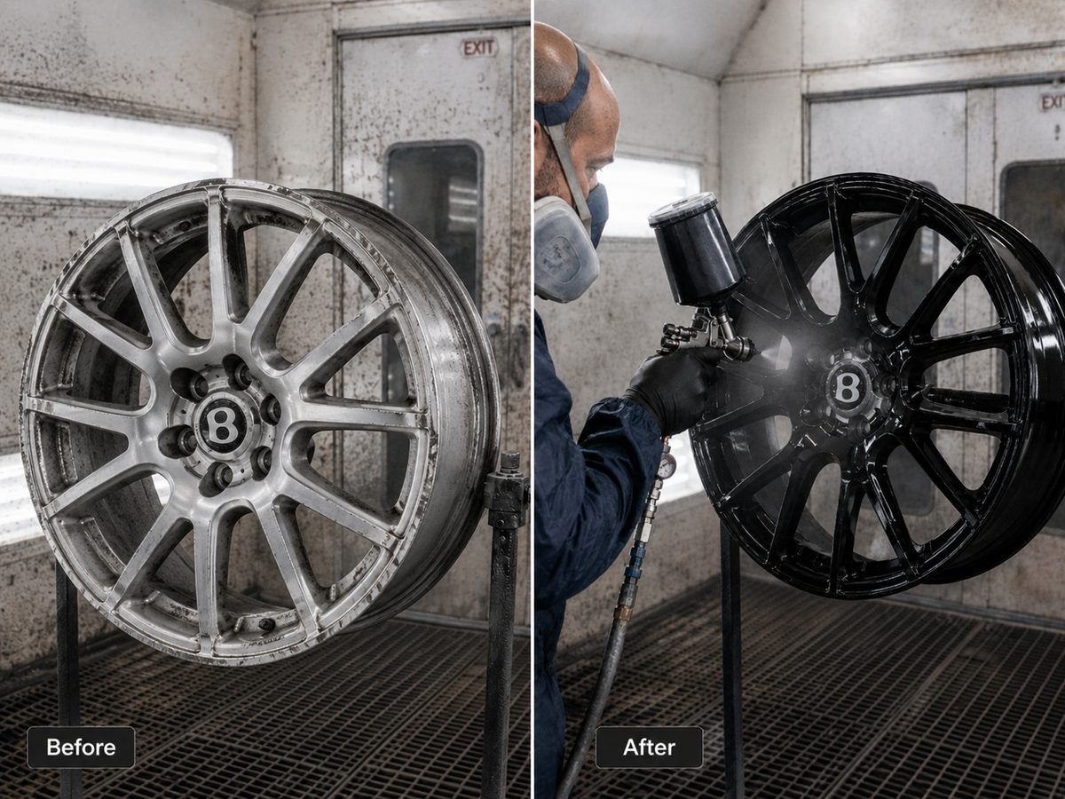 Bentley alloy wheel before and after refurbishment in gloss black