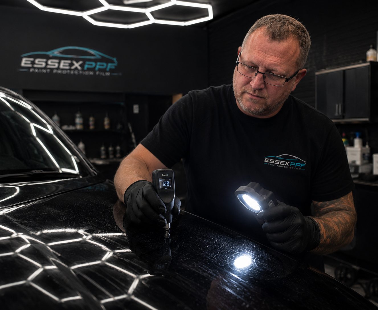 Technician checking paint depth with a gauge and swirl lamp on a black bonnet