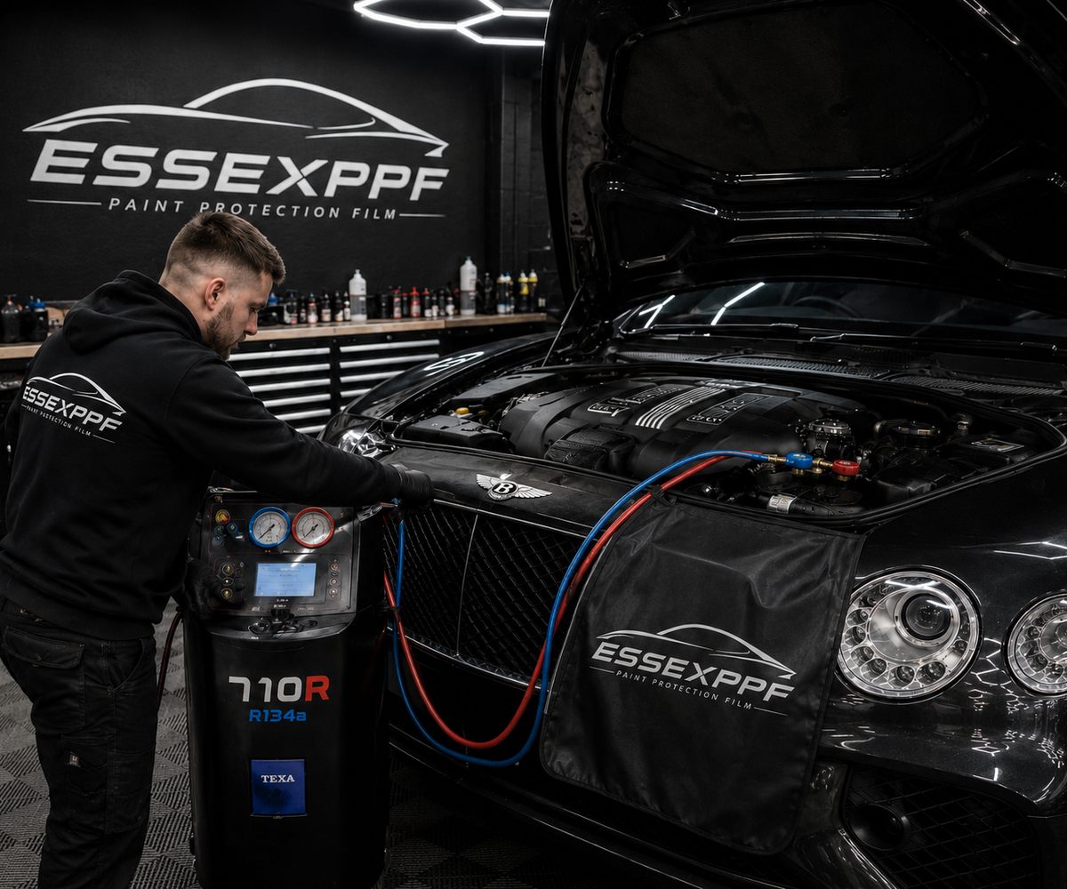 Air con regas on a Bentley Continental in the Essex PPF workshop