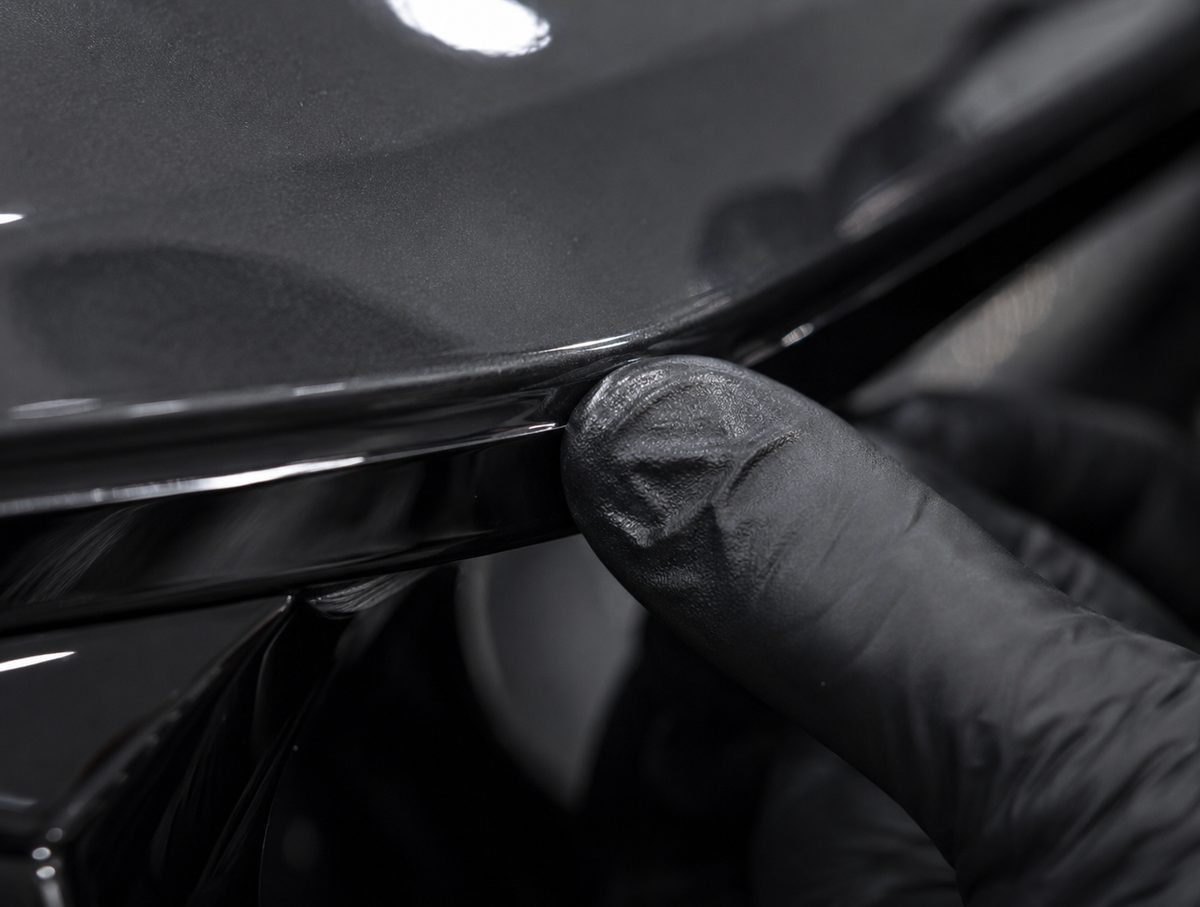 Thumb tucking the film edge around a panel lip, up close