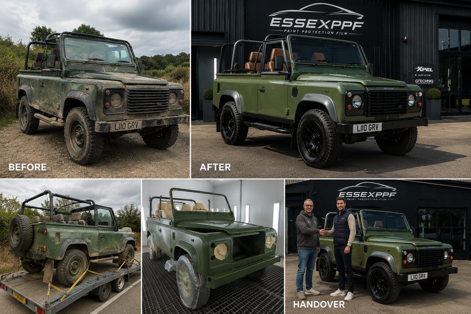 Land Rover Defender restoration: before, in the paint booth, after, and the handover