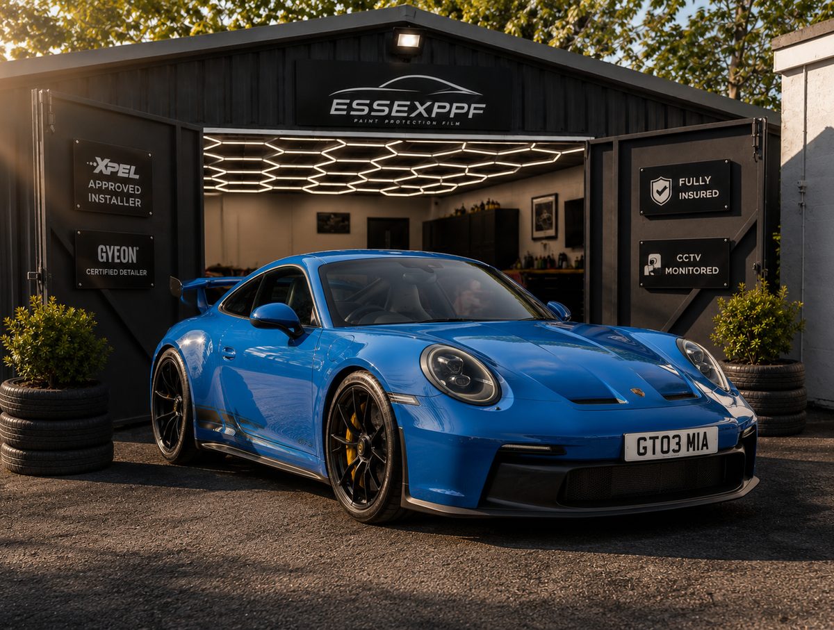 Gloss blue Porsche 911 GT3 outside the Essex PPF unit