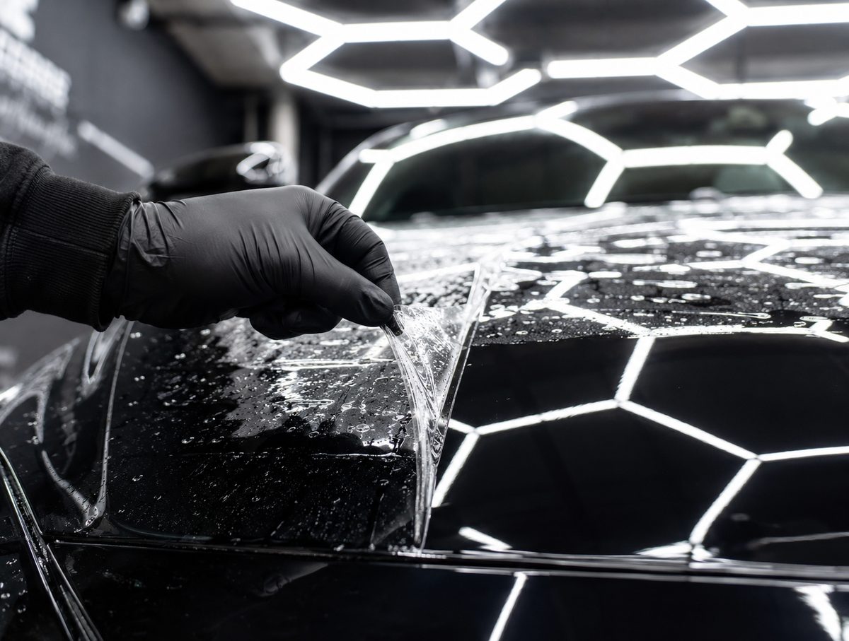 Film edge being lifted on a wet black bonnet, up close