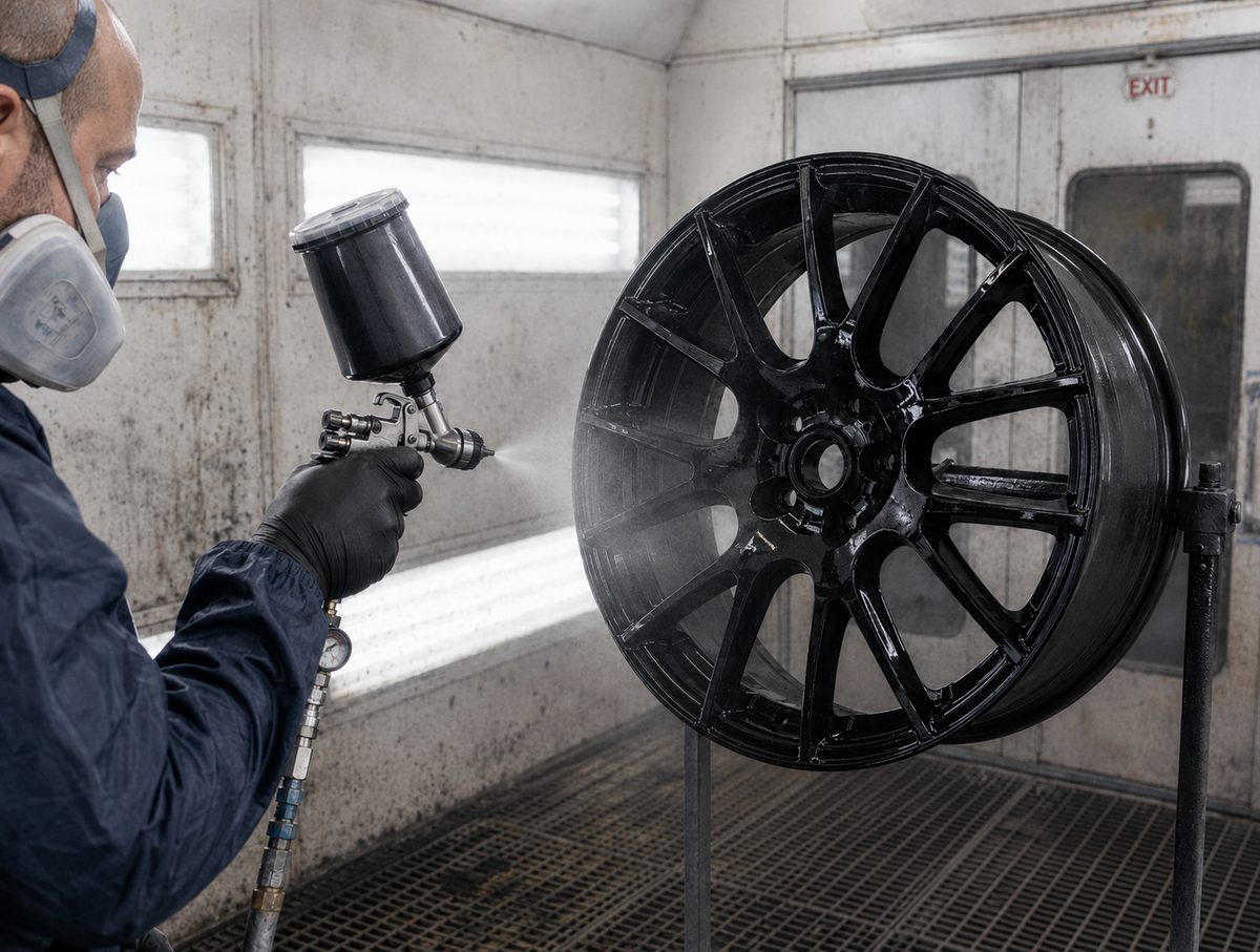 Alloy wheel being sprayed gloss black in the booth